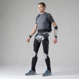 An image of an advanced technology exoskeleton, specializing in knee, spine, and joint support, designed to aid mobility for disabled people, showing its adaptability and human-centered design.