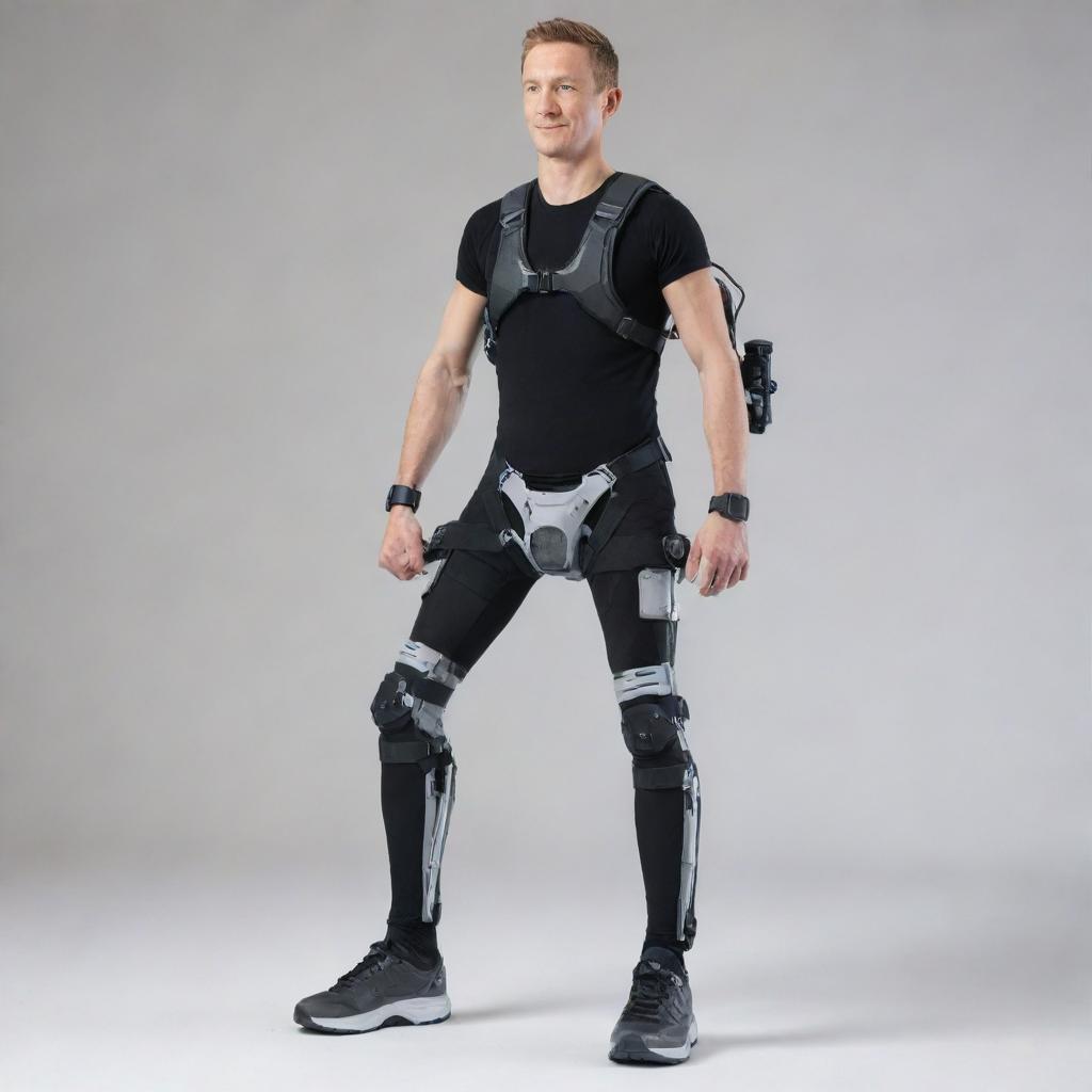 An image of an advanced technology exoskeleton, specializing in knee, spine, and joint support, designed to aid mobility for disabled people, showing its adaptability and human-centered design.