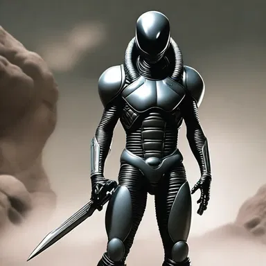The alien warrior, hailing from a distant planet, wore a futuristic mail-clad suit that was impenetrable to weapons.