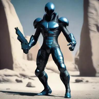 The alien warrior, hailing from a distant planet, wore a futuristic mail-clad suit that was impenetrable to weapons.
