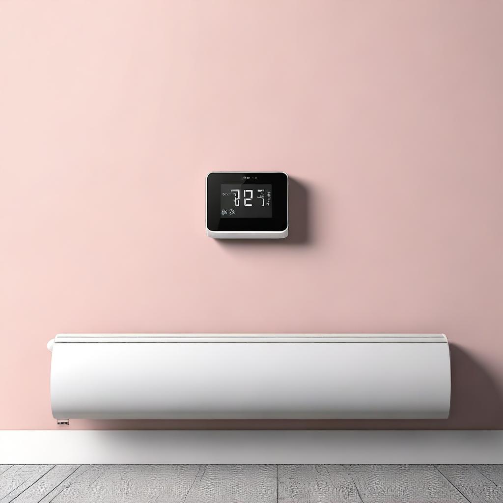 A minimalist digital art piece showcasing a modern, user-friendly radiator thermostat directly installed on a heater