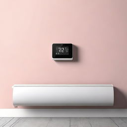 A minimalist digital art piece showcasing a modern, user-friendly radiator thermostat directly installed on a heater