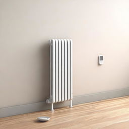 A minimalist digital art piece showcasing a modern, user-friendly radiator thermostat directly installed on a heater