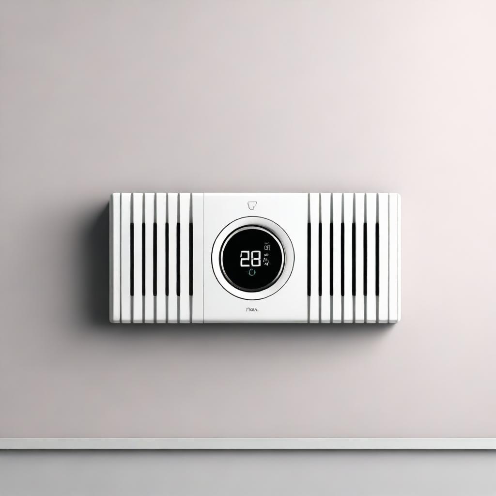 A minimalist digital art piece showcasing a modern, user-friendly radiator thermostat directly installed on a heater