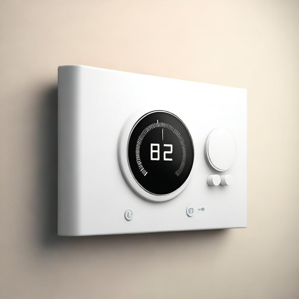 A high-quality digital art piece of a modern, minimalistic and user-friendly radiator thermostat