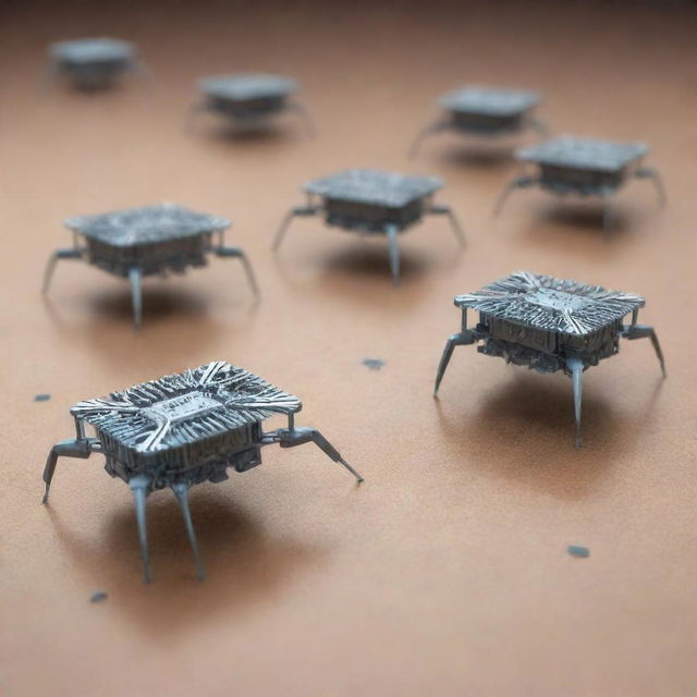 A realistic image of advanced nanobots, demonstrating their microscopic size, intricate details, and cutting-edge technology.