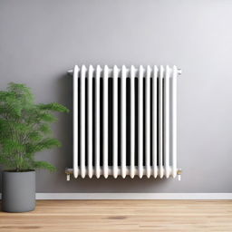 A high-resolution digital art image of a minimalistic, modern, and user-friendly radiator installed on the side of a typical German heater