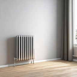 A high-resolution digital art image of a minimalistic, modern, and user-friendly radiator installed on the side of a typical German heater