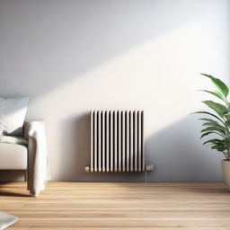 A high-resolution digital art image of a minimalistic, modern, and user-friendly radiator installed on the side of a typical German heater