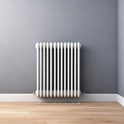 A high-resolution digital art image of a minimalistic, modern, and user-friendly radiator installed on the side of a typical German heater