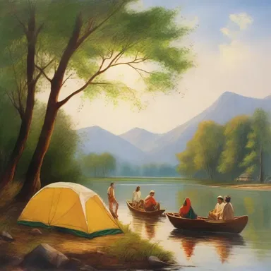 The painting depicted a group of people camping by the river, enjoying the natural beauty.