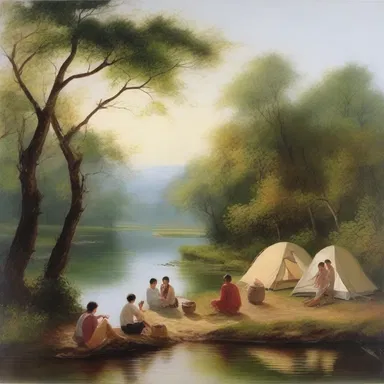 The painting depicted a group of people camping by the river, enjoying the natural beauty.