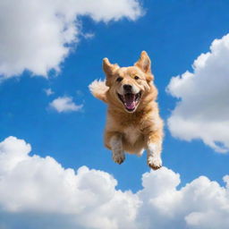 A joyful dog soaring through a vivid blue sky with fluffy white clouds