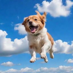 A joyful dog soaring through a vivid blue sky with fluffy white clouds