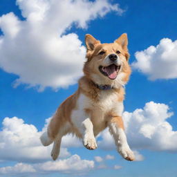 A joyful dog soaring through a vivid blue sky with fluffy white clouds