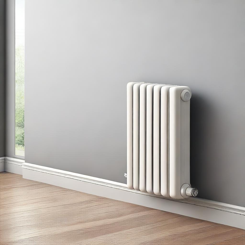 A high-resolution digital art image showcasing a radiator with a minimalistic, modern, and user-friendly thermostat installed on the side