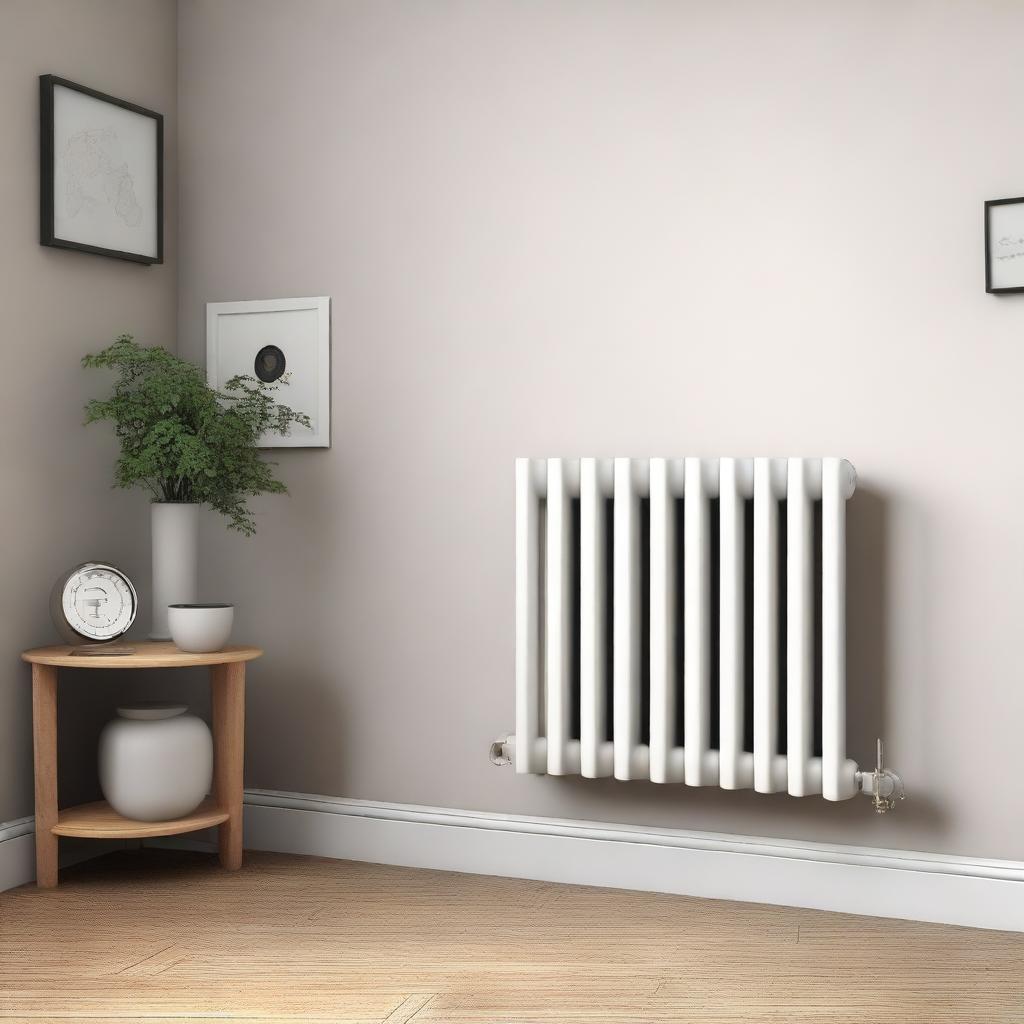 A high-resolution digital art image showcasing a radiator with a minimalistic, modern, and user-friendly thermostat installed on the side