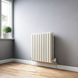 A high-resolution digital art image showcasing a radiator with a minimalistic, modern, and user-friendly thermostat installed on the side