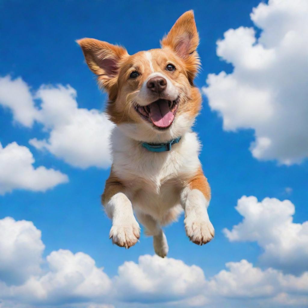 A joyful dog soaring through a vivid blue sky with fluffy white clouds