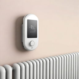 A high-quality digital art image portrays a minimalistic, modern, and user-friendly thermostat installed on the side of a radiator