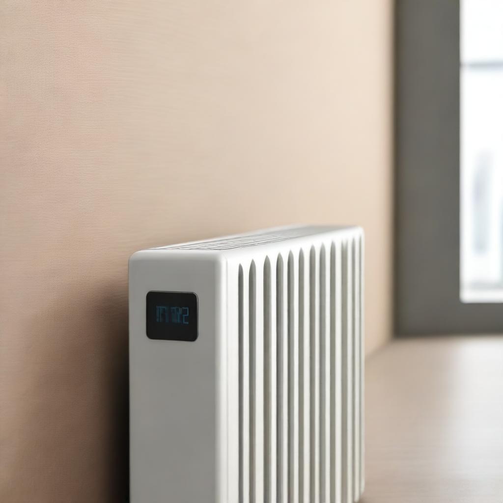 A high-quality digital art image portrays a minimalistic, modern, and user-friendly thermostat installed on the side of a radiator