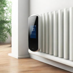 A high-quality digital art image portrays a minimalistic, modern, and user-friendly thermostat installed on the side of a radiator