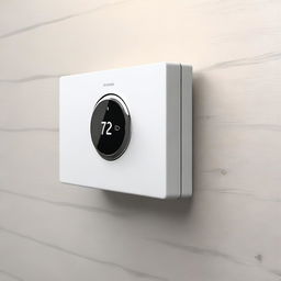 A high-definition digital art image illustrates a minimalistic, modern, and user-friendly thermostat installed on the side of a radiator, precisely where the radiator's button would typically be