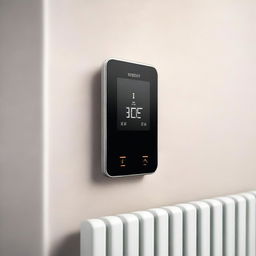 A high-definition digital art image illustrates a minimalistic, modern, and user-friendly thermostat installed on the side of a radiator, precisely where the radiator's button would typically be