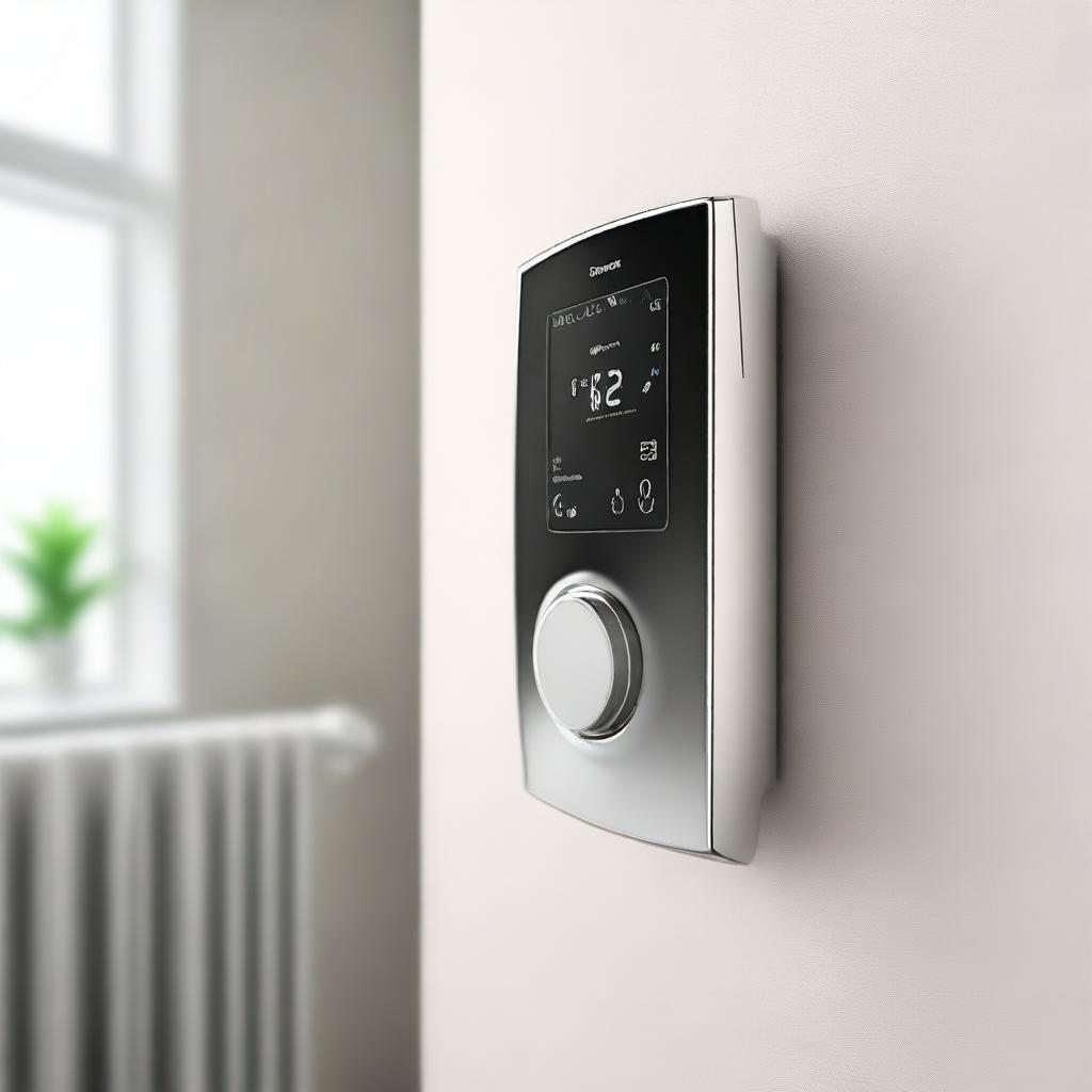 A high-definition digital art image illustrates a minimalistic, modern, and user-friendly thermostat installed on the side of a radiator, precisely where the radiator's button would typically be