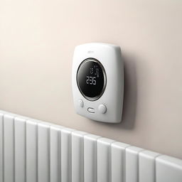 A high-definition digital art image illustrates a minimalistic, modern, and user-friendly thermostat installed on the side of a radiator, precisely where the radiator's button would typically be