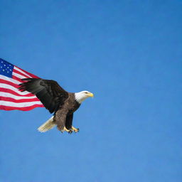 An eagle-shaped flag fluttering in the wind, its colors vibrant against a clear blue sky