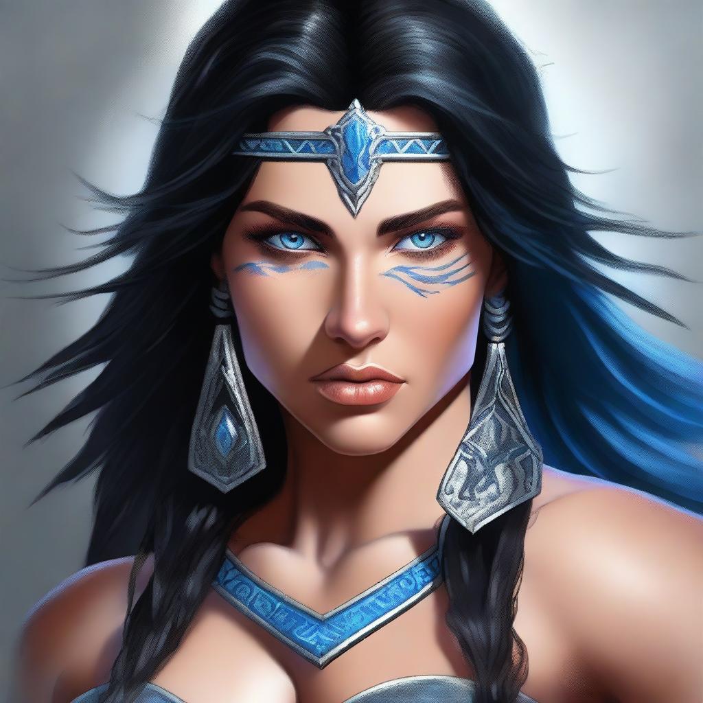 A digital art piece depicting a female human barbarian with striking blue eyes and flowing black hair