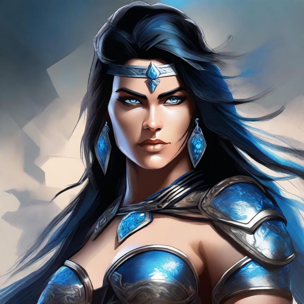 A digital art piece depicting a female human barbarian with striking blue eyes and flowing black hair