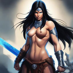 A digital art piece depicting a female human barbarian with striking blue eyes and flowing black hair