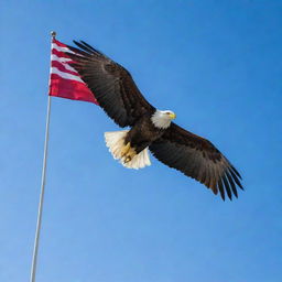 An eagle-shaped flag fluttering in the wind, its colors vibrant against a clear blue sky