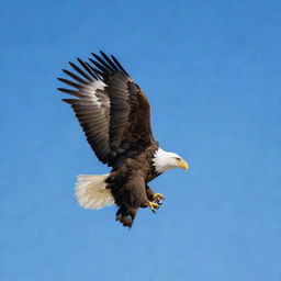 An eagle-shaped flag fluttering in the wind, its colors vibrant against a clear blue sky