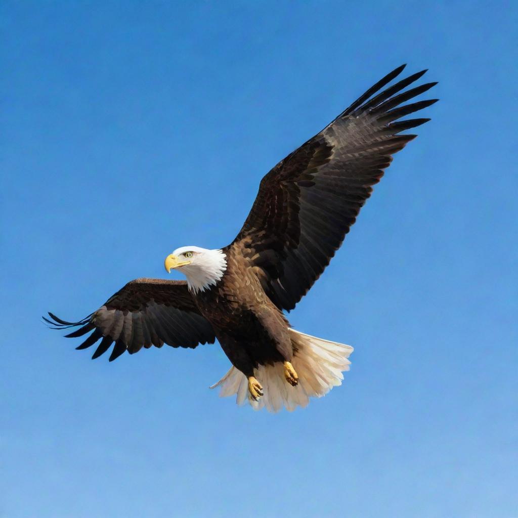 An eagle-shaped flag fluttering in the wind, its colors vibrant against a clear blue sky