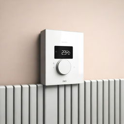 This is a high-quality digital art image, showcasing a minimalistic, modern, and user-friendly thermostat installed on the side of a radiator