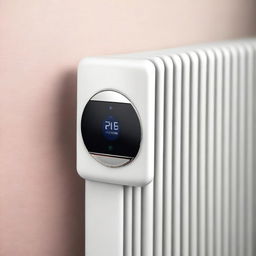 This is a high-quality digital art image, showcasing a minimalistic, modern, and user-friendly thermostat installed on the side of a radiator