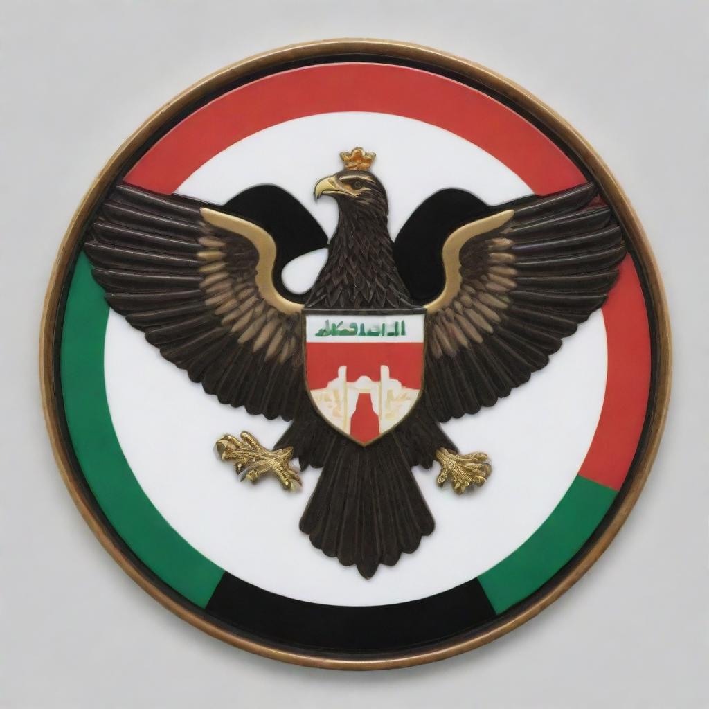 A logo featuring the emblem of Iraq, with the prominent eagle, framed by the national flag colors of red, white, and black.