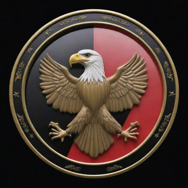 A logo featuring the emblem of Iraq, with the prominent eagle, framed by the national flag colors of red, white, and black.