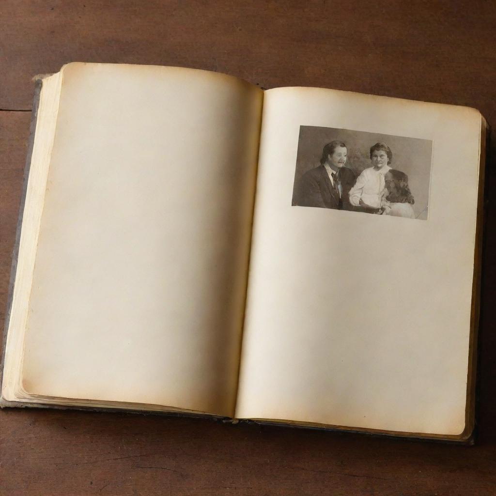 An opened vintage photo album with blank glossy pages nestled in a warmly lit setting.