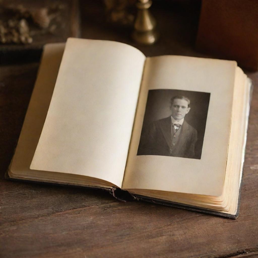 An opened vintage photo album with blank glossy pages nestled in a warmly lit setting.