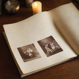 An opened vintage photo album with blank glossy pages nestled in a warmly lit setting.