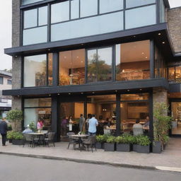 A vibrant, 2-storey restaurant bustling with customers, complete with modern decor, large windows, and a welcoming entrance