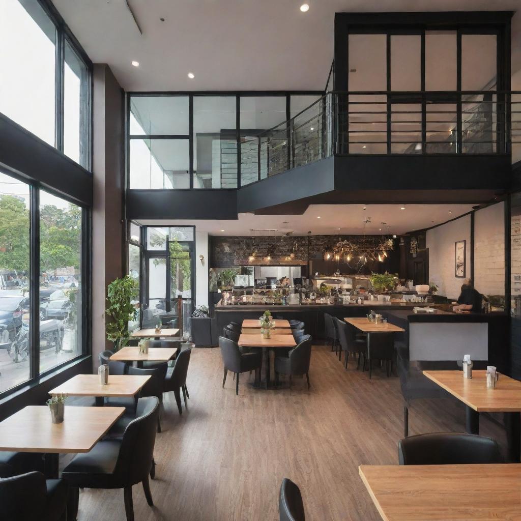 A vibrant, 2-storey restaurant bustling with customers, complete with modern decor, large windows, and a welcoming entrance