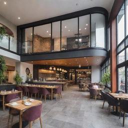 A vibrant, 2-storey restaurant bustling with customers, complete with modern decor, large windows, and a welcoming entrance