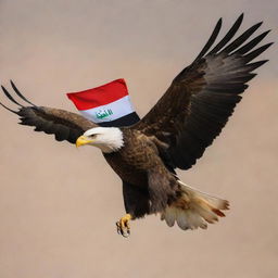 An eagle in flight, brilliantly delineated with the colors and symbols of the Iraqi flag