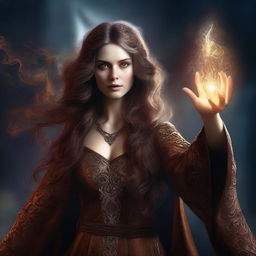 An ultra high-definition, highly detailed digital art image showcasing a female wizard with long brown hair