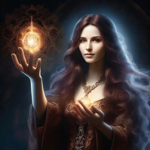 An ultra high-definition, highly detailed digital art image showcasing a female wizard with long brown hair